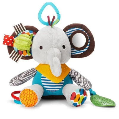 Soft elephant stroller toy with colorful patterns, textured fabrics, and a clip for attachment; promotes sensory play for infants.