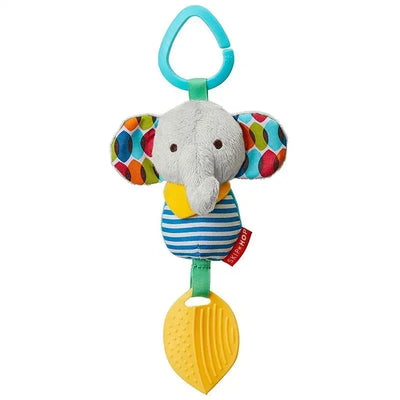Elephant-shaped stroller toy with colorful fabric, chime feature, and teething leaf attached, designed for infants.