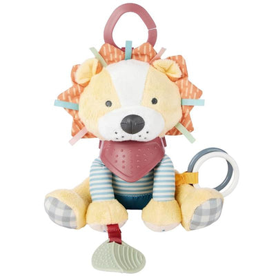 Soft textured lion activity toy with colorful ribbons, teething piece, and detachable hanging clip for babies.