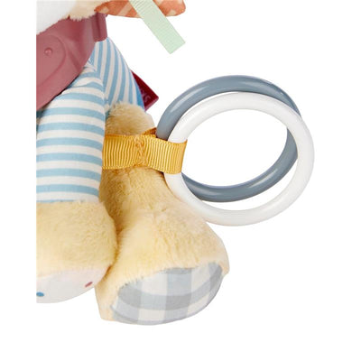 Soft textured baby activity toy featuring a lion design, colorful striped body, and attached plastic rings.