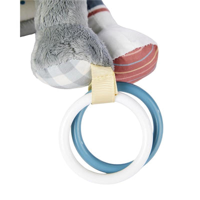 Soft textured panda activity toy featuring colorful rings attached for sensory play and engagement.
