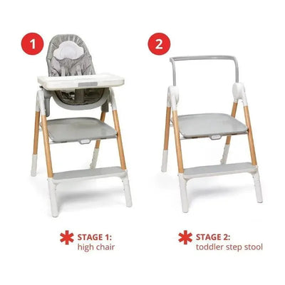 Convertible high chair shown in two stages: high chair with a padded seat and toddler step stool with a minimalist design.