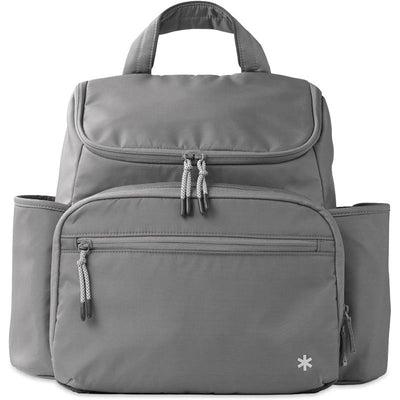 Grey Skip Hop Diaper Bag Backpack featuring multiple zippered compartments and a portable changing pad.