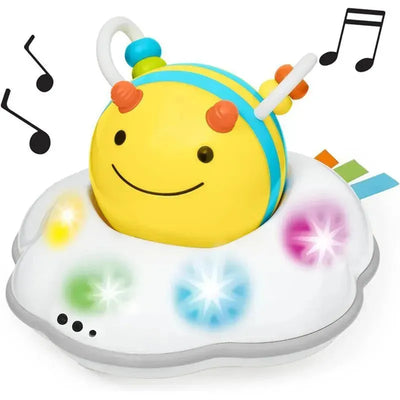 Bright yellow bee toy on a white cloud base with colorful lights, designed to attract babies and encourage crawling.
