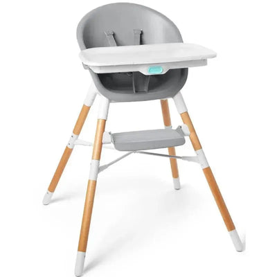 4-in-1 high chair in grey and white, featuring a removable tray, safety straps, and wooden legs for stability.