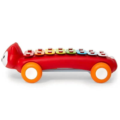 Red fox-shaped xylophone toy with colorful keys and wheels for musical fun, designed for toddlers.
