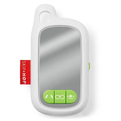 Selfie baby cellphone toy in white with a mirror, three green buttons for interactive features, and a red label.