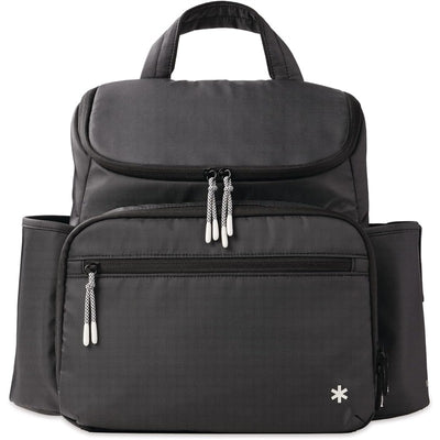 Black Skip Hop Forma Next Backpack featuring multiple zippered compartments and exterior side pockets.