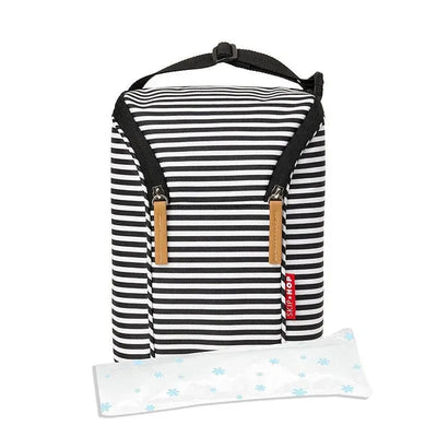 Grab & Go Double Bottle Bag by Skip Hop in black and white stripes, featuring a zip closure and included ice pack.