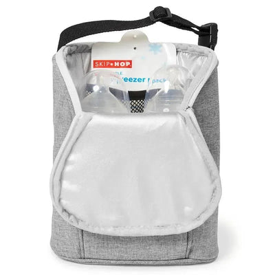 Grey melange Skip Hop Grab & Go Double Bottle Bag with visible freezer pack and two baby bottles inside.