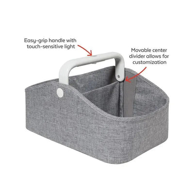 Diaper caddy organizer in heather grey with an easy-grip handle and customizable center divider.