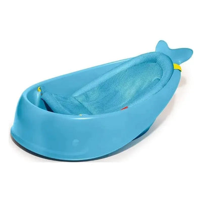 Blue baby bath tub featuring a mesh sling for support, designed for three stages of use.