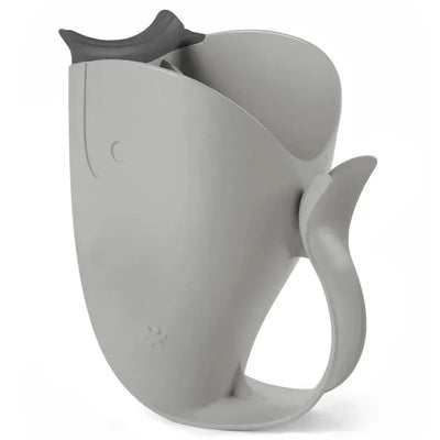 Grey whale-shaped waterfall rinser with a handle, designed for rinsing hair during baths.