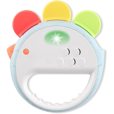 Musical baby toy featuring a colorful, animal-like design with buttons for sounds and lights, engaging infants in play.
