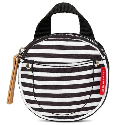 Black and white striped Skip Hop pacifier pocket with a zipper closure and a small front pocket.