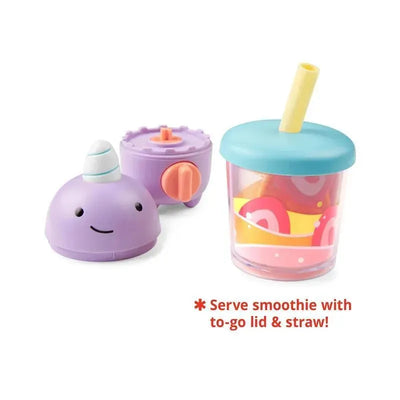 Preschool toy smoothie set featuring a purple narwhal, a blending container with a pastel lid, and a straw.