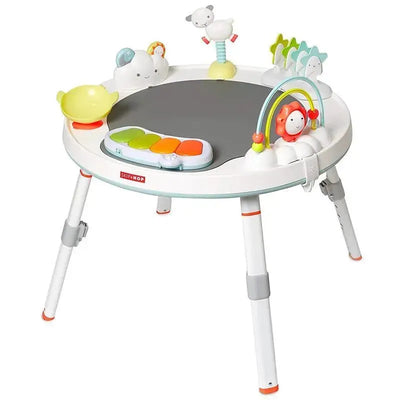 Gray Skip Hop Silver Lining Cloud Activity Center with a colorful piano, cheerful character toys, and engaging sensory elements.