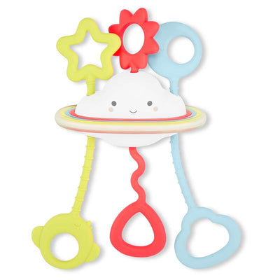 Sensory toy featuring a smiling cloud with colorful rings and three textured attachment pieces in star, flower, and circular shapes.