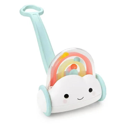 Push toy designed as a smiling cloud with a rainbow feature and colorful balls, suitable for toddlers to encourage walking.