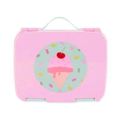Bento box with a pink exterior featuring an ice cream cone design adorned with colorful sprinkles and a cherry on top.