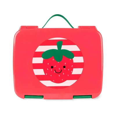 Bento lunch box in bright red featuring a cute strawberry design with a smiling face and green leaf accents.