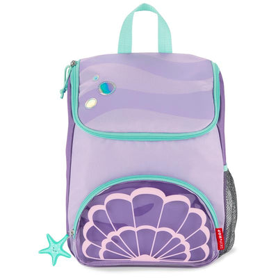 Skip Hop Spark Style Big Kid Backpack in lavender with seashell design, featuring a mesh side pocket and embellishments.