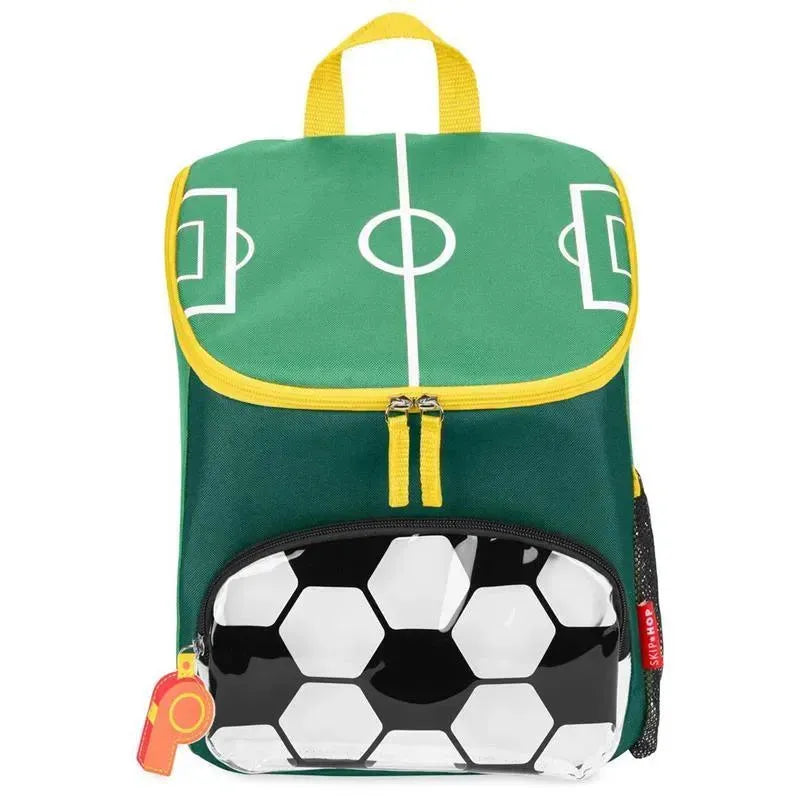 Green soccer-themed backpack with a yellow zipper and a black soccer ball front pocket, designed for children.