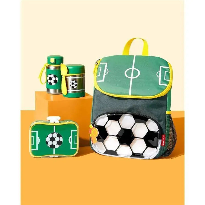 Big Kid Backpack in soccer design with green and yellow accents, featuring a soccer ball graphic and matching lunchbox and water bottle.