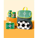 Big Kid Backpack in soccer design with green and yellow accents, featuring a soccer ball graphic and matching lunchbox and water bottle.