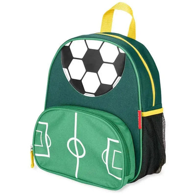 Skip Hop Spark Style Little Kid Backpack in green, featuring a soccer print with a black-and-white soccer ball and field details.