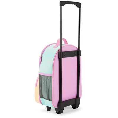 Colorful skip hop luggage in a pastel ice cream theme with a retractable handle and wheels.