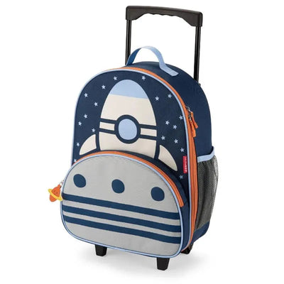 Rocketship-themed luggage with a blue and gray design, featuring a zipper pocket and a retractable handle.