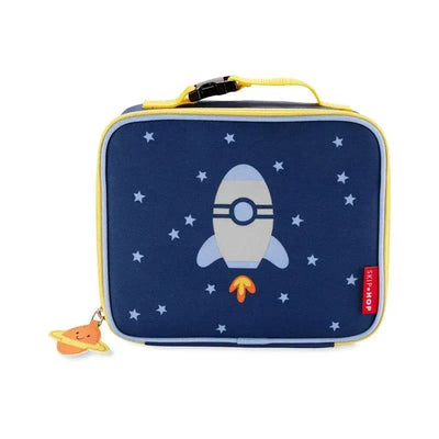 Skip Hop Spark Style Lunch Bag featuring a rocketship design with stars, yellow zipper, and a Saturn charm.