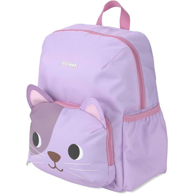 Toddler-sized purple backpack with cat face design, adjustable padded straps, and front pocket with ears.