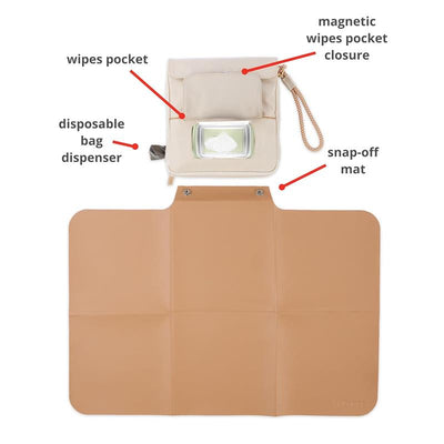 Travel baby changing pad in clean slate oat color, featuring wipes pocket, disposable bag dispenser, and snap-off mat.