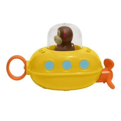 Yellow submarine toy with a monkey character inside, designed for bath time play. Features a propeller and colorful details.