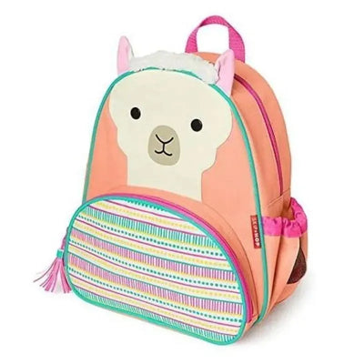 Llama-themed pink backpack with a smiling llama face, colorful striped front pocket, and a pink tassel.