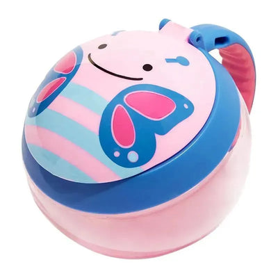 Skip Hop Zoo Snack Cup in butterfly design, featuring a smiling face, pink and blue colors, and easy-to-hold handle.
