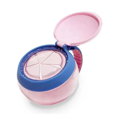 Skip Hop Zoo Snack Cup in butterfly design, featuring a pink and blue color scheme with a hinged lid and compartmentalized interior.