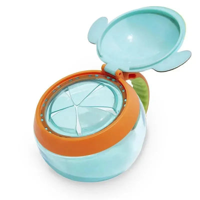 Skip Hop Zoo Snack Cup in dog design, featuring a clear lid with sections and an easy-open orange cover.