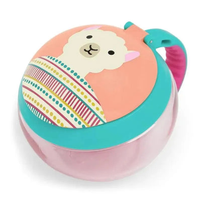 Llama-themed snack cup with a colorful, patterned lid and a pink base, designed for children.