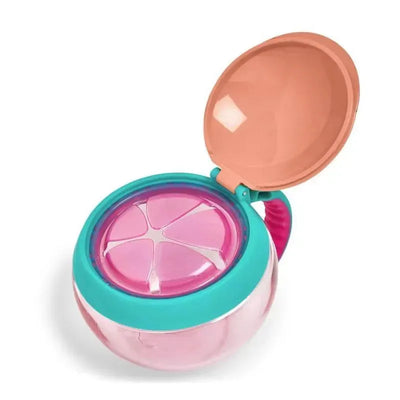Zoo Snack Cup by Skip Hop, featuring a pink and blue design with a lid, ideal for holding snacks for children.