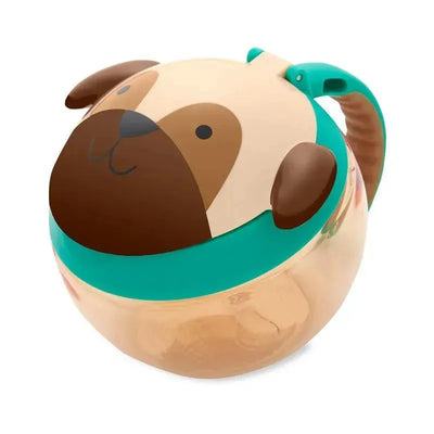 Snack cup designed as a pug dog, featuring a teal lid and a playful face, ideal for toddler snacks.
