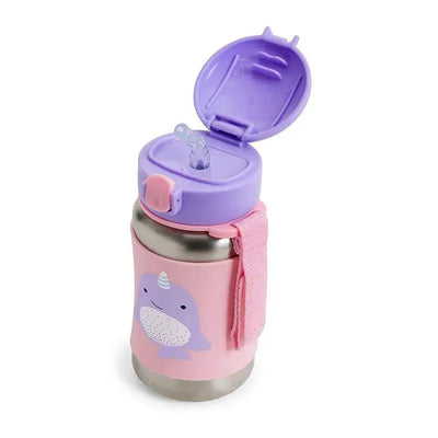Stainless steel straw bottle featuring a pink narwhal design, with a purple lid and removable straw.