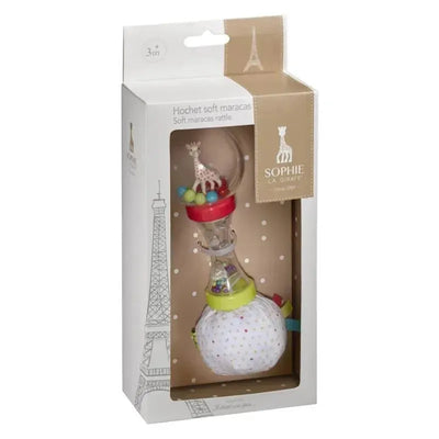 Soft maracas rattle featuring a giraffe design, colorful beads, and a polka dot pattern, suitable for infants.