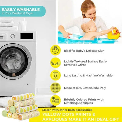 Soft terry bath washcloths in yellow and green dots, ideal for babies, machine washable, with a lightly textured surface.