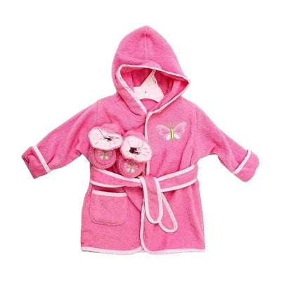 Terry bathrobe in pink with a butterfly design and matching booties, designed for comfort and warmth.