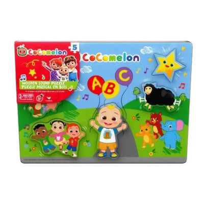 Cocomelon Wooden Sound Puzzle featuring colorful characters, ABC balloons, and various animals on a vibrant background.