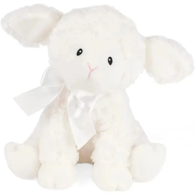 White plush lamb toy with a ribbon, designed as a keywind musical plush for babies 10 months and up, measuring 10 inches.
