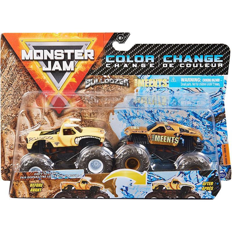 Spin Master Monster Jam, Color-Changing Die-Cast Monster Trucks 2-Pack, 1:64 Scale Bulldozer vs. Team Meents (Styles May Vary) Image 1